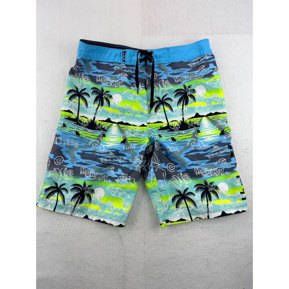 Hurley Men's Board Shorts Size 18/29 Blue Green Tropical Palm Tree Surf Swim